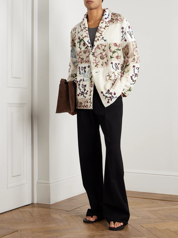  Kartik Research - Chintz Embroidered Bead-embellished Patchwork Frayed Cotton Blazer - Men - Neutrals - S 