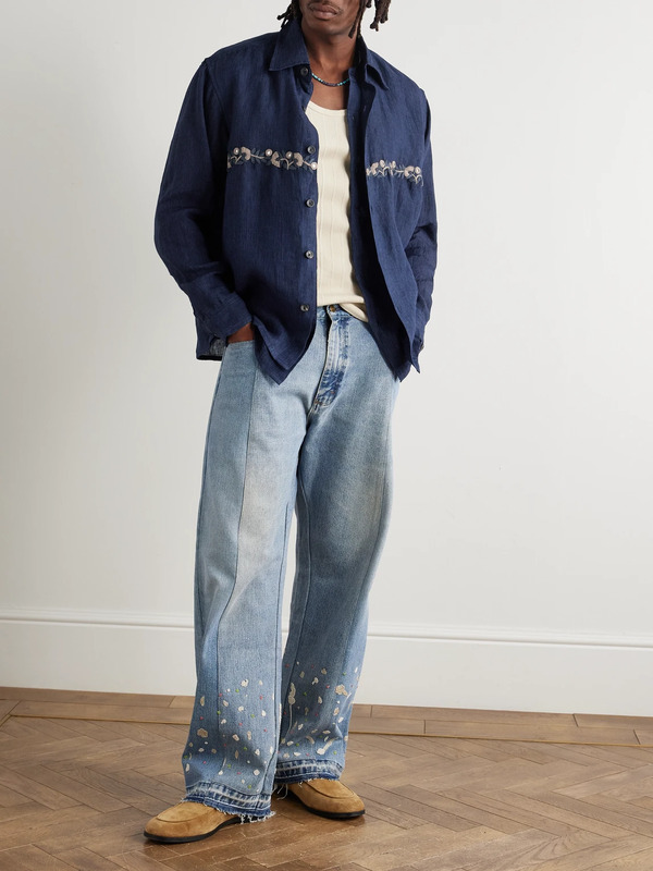  Kartik Research - Layered Appliquéd Embellished Embroidered Pinstriped Linen Shirt - Men - Blue - Xl 