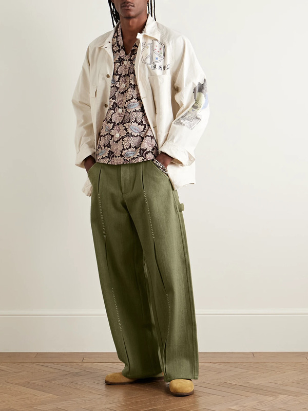  Kartik Research - Shaant Wide-leg Pleated Embroidered Cotton-twill Trousers - Men - Green - Uk/us 30 