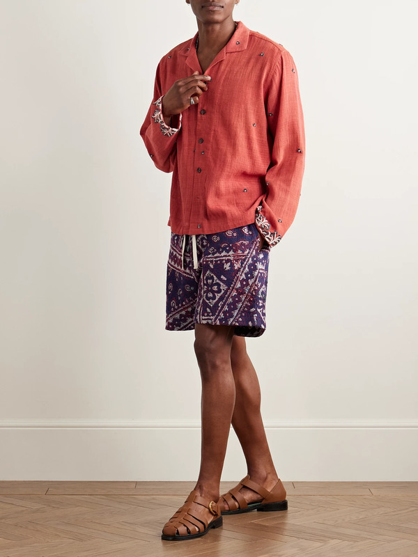  Kartik Research - Straight-leg Patchwork Printed Kantha Cotton Drawstring Shorts - Men - Blue - Uk/us 34 