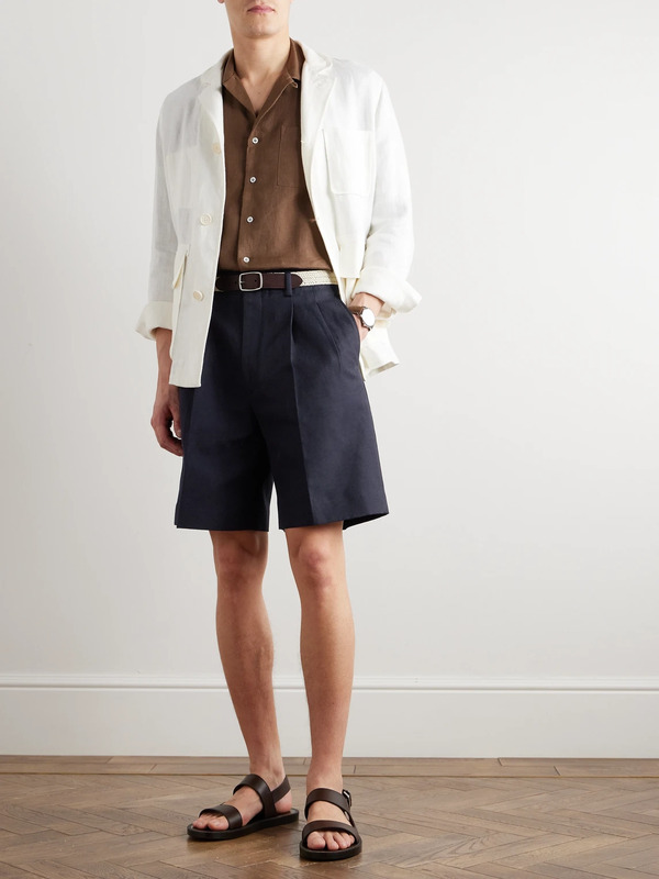  Loro Piana - Joetsu Straight-leg Pleated Cotton And Linen-blend Twill Bermuda Shorts - Men - Blue - It 44 