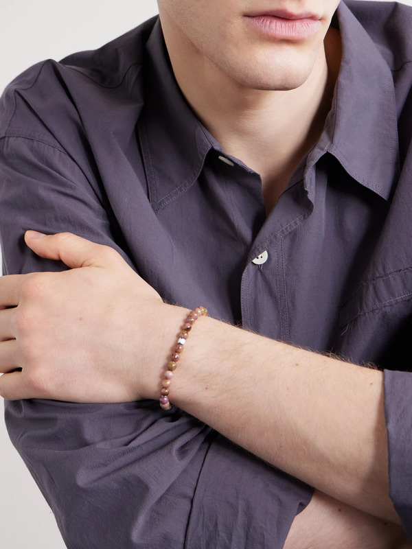  Mikia - Circle8 Sterling Silver, Tourmaline Cat's Eye And Charoite Beaded Bracelet - Men - Brown - M 