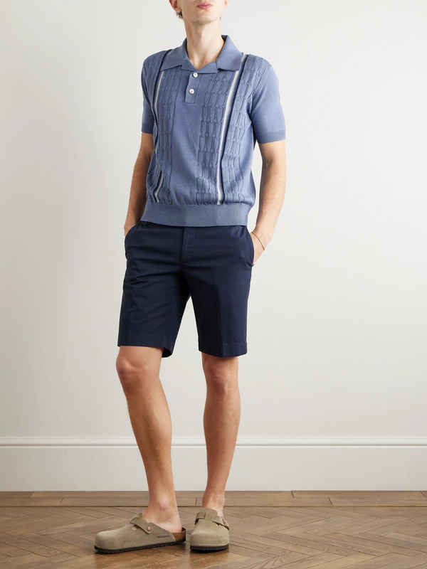  Piacenza 1733 - Slim-fit Striped Pointelle-knit Silk And Cotton-blend Polo Shirt - Men - Blue - It 48 