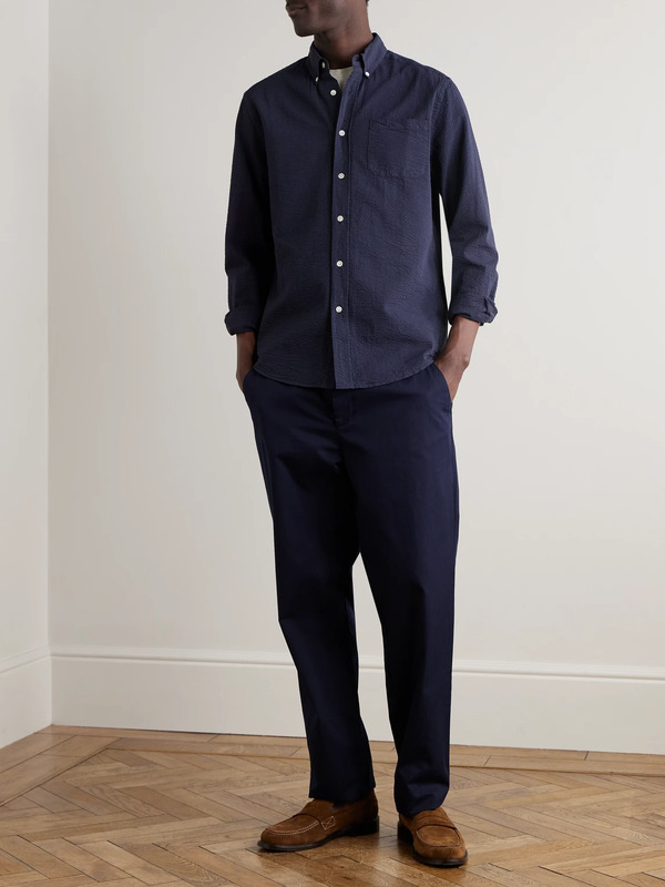  Portuguese Flannel - Atlantico Slim-fit Button-down Collar Cotton-seersucker Shirt - Men - Blue - Xs 