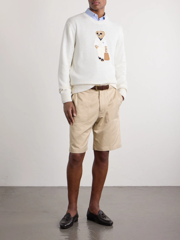  Ralph Lauren Purple Label - Polo Bear Logo-appliquéd Leather-trimmed Knitted Silk And Linen-blend Sweater - Men - Neutrals - S 