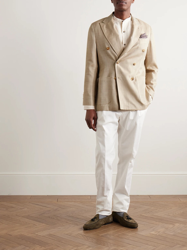  Rubinacci - Unstructured Double-breasted Herringbone Virgin Wool, Silk And Linen-blend Blazer - Men - Neutrals - It 50 