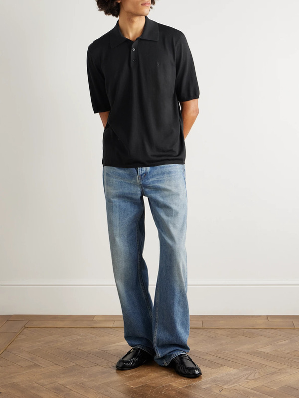 Saint Laurent - Cassandre Logo-embroidered Wool Polo Shirt - Men - Black - S 