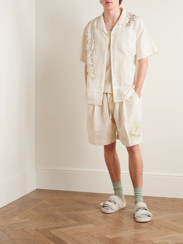  Story Mfg. - Bridge Wide-leg Embroidered Cotton And Linen-blend Drawstring Shorts - Men - Neutrals - L 