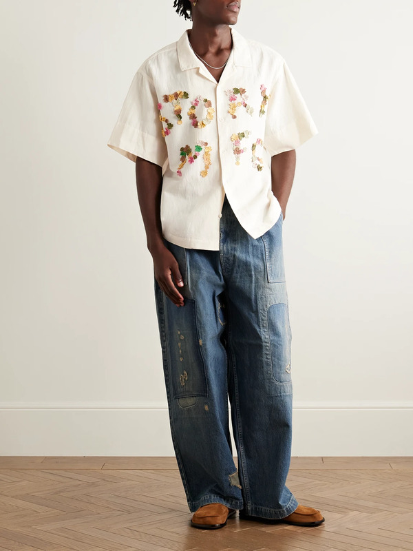  Story Mfg. - Greetings Camp-collar Logo-appliquéd Cotton And Linen-blend Shirt - Men - Neutrals - Xs 