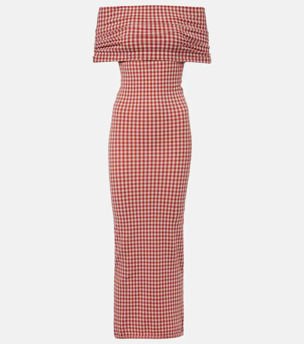  Alaia Alaia Gingham Off-shoulder Maxi Dress 