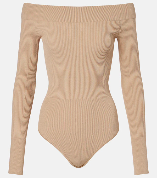  Alaia Alaia Ribbed-knit Off-shoulder Bodysuit 