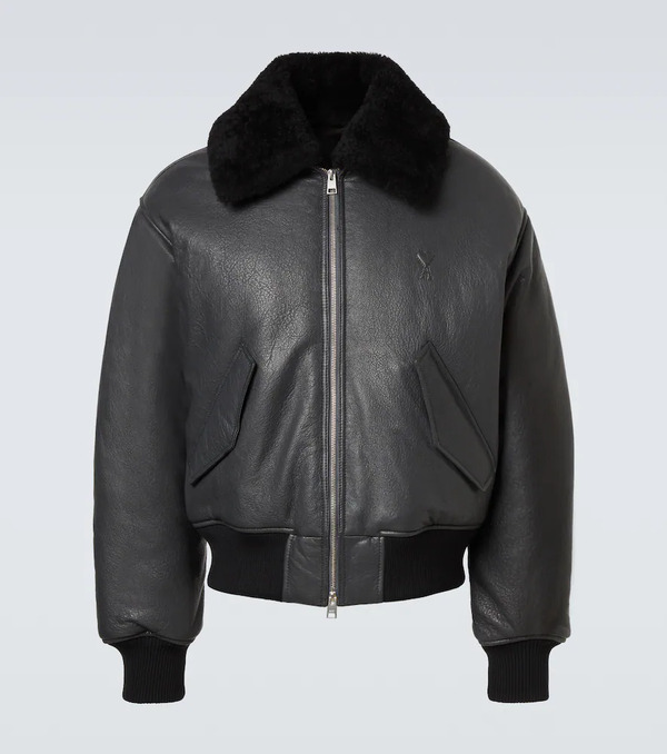  Ami Paris Ami Paris Shearling-trimmed Leather Bomber Jacket 