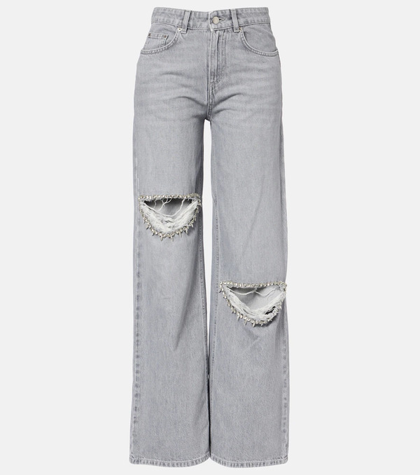  Area Area Distressed Embellished Wide-leg Jeans 