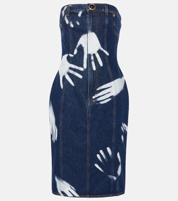  Area Area Printed Strapless Denim Midi Dress 