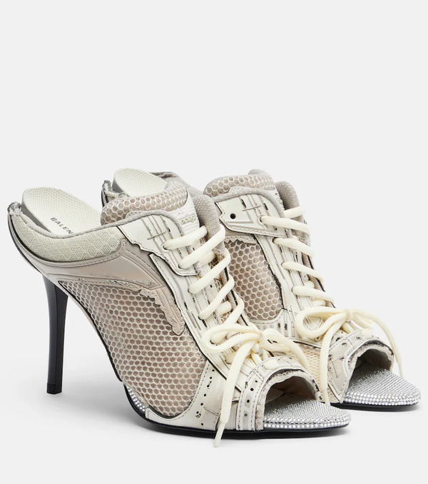  Balenciaga Balenciaga Stapler Distressed Leather-trimmed Mules 
