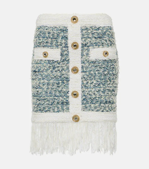  Balmain Balmain Fringed Denim Tweed Miniskirt 