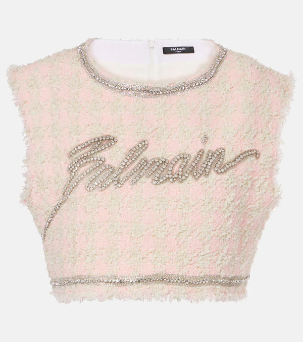  Balmain Balmain Logo Embellished Boucle Crop Top 