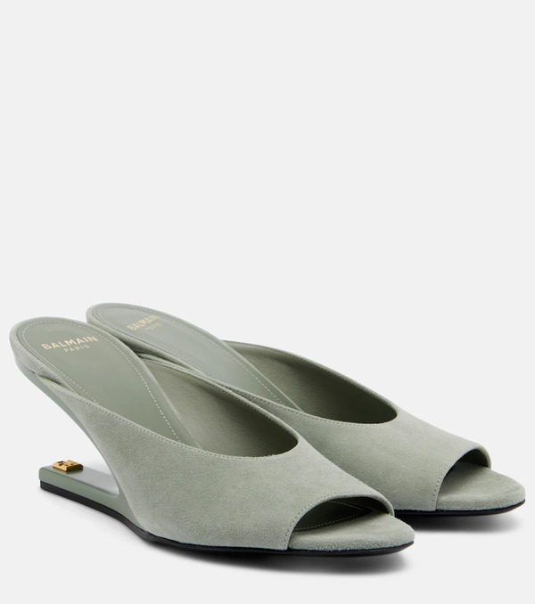 Balmain Balmain Suede Cutout Wedge Mules 