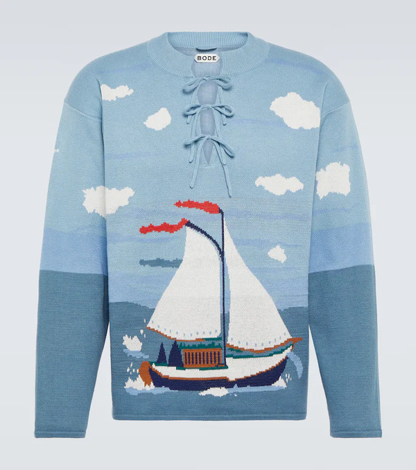  Bode Bode Pinafore Bow-detail Cotton Jacquard Sweater 
