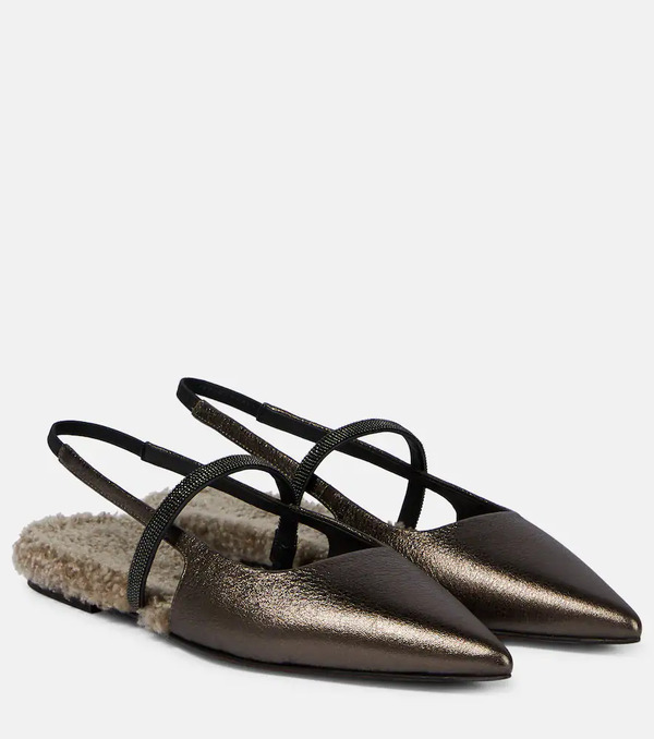  Brunello Cucinelli Brunello Cucinelli Embellished Leather Slingback Flats 