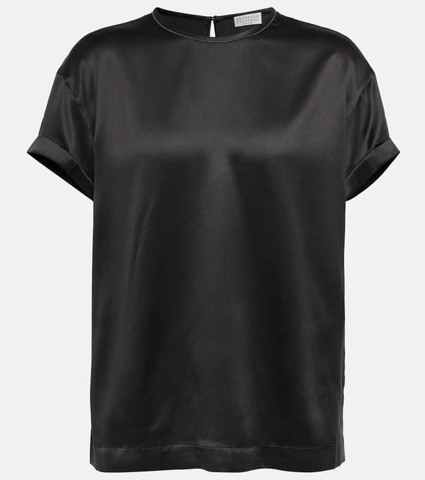  Brunello Cucinelli Brunello Cucinelli Embellished Silk-blend Satin T-shirt 