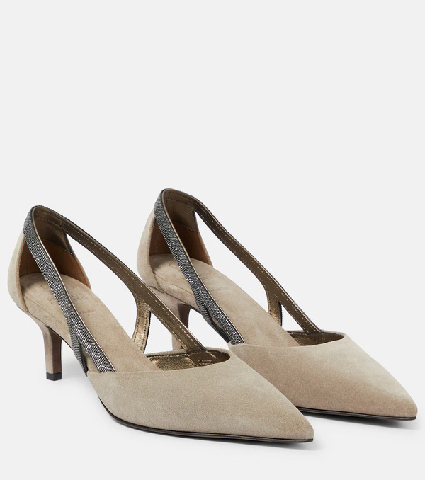 Brunello Cucinelli Brunello Cucinelli Embellished Suede Slingback Pumps 