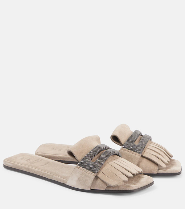  Brunello Cucinelli Brunello Cucinelli Fringed Suede Slippers 