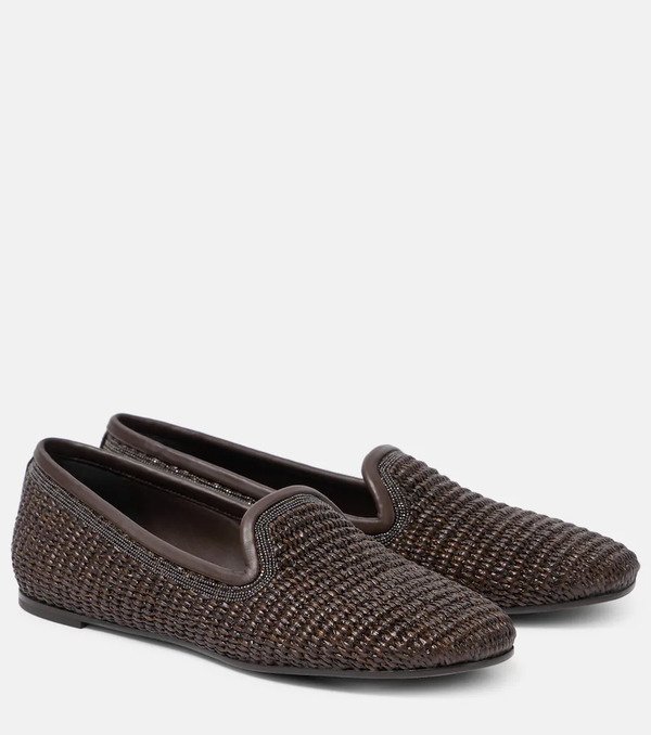  Brunello Cucinelli Brunello Cucinelli Leather-trimmed Raffia Slippers 