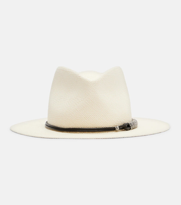  Brunello Cucinelli Brunello Cucinelli Leather-trimmed Straw Fedora Hat 