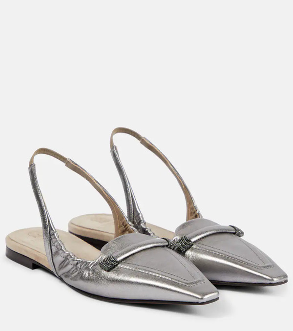  Brunello Cucinelli Brunello Cucinelli Metallic Leather Slingback Flats 