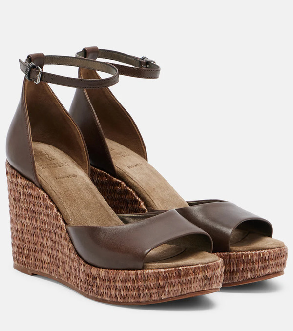  Brunello Cucinelli Brunello Cucinelli Monili Leather Espadrille Wedges 
