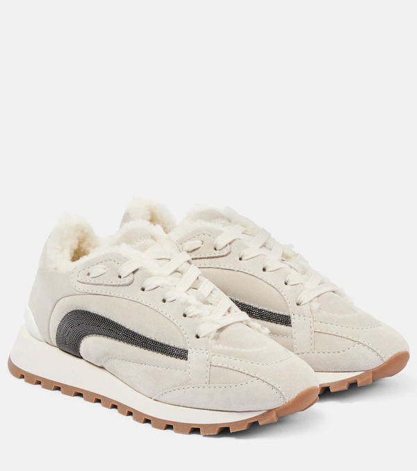  Brunello Cucinelli Brunello Cucinelli Monili Shearling-trimmed Suede Sneakers 