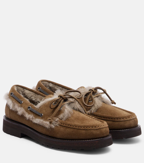  Brunello Cucinelli Brunello Cucinelli Shearling-lined Suede Boat Shoes 