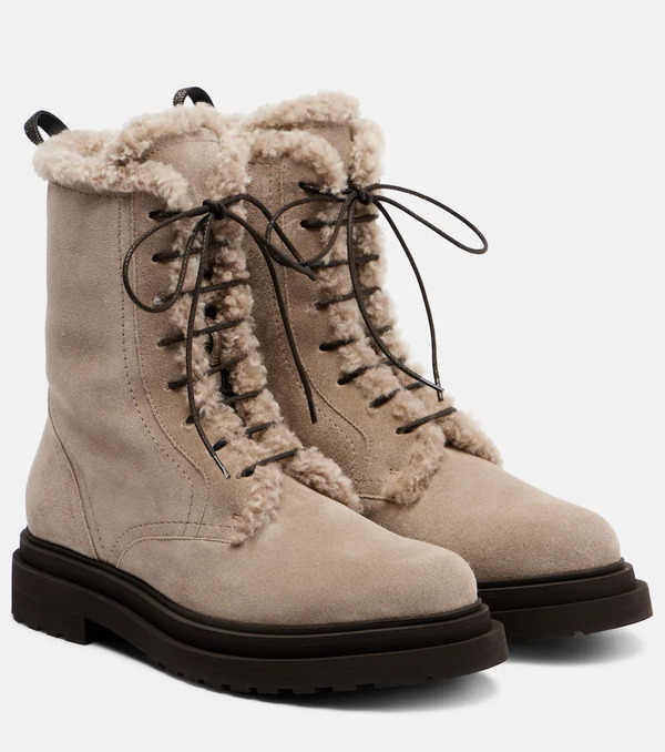  Brunello Cucinelli Brunello Cucinelli Shearling-trimmed Suede Combat Boots 