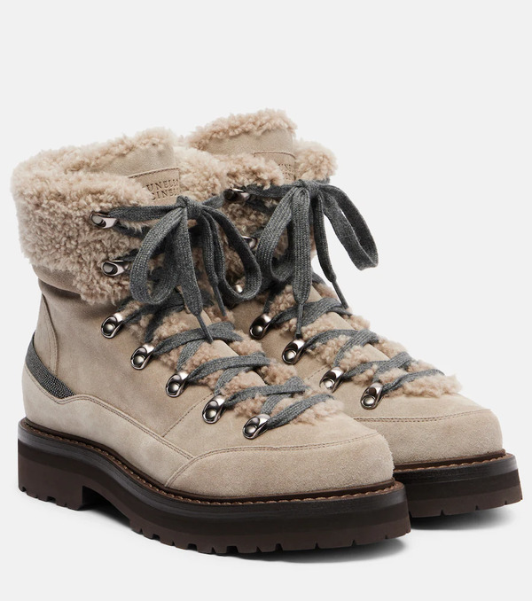  Brunello Cucinelli Brunello Cucinelli Shearling-trimmed Suede Lace-up Boots 