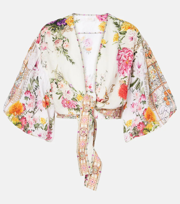  Camilla Camilla Floral Tie-front Linen Crop Top 