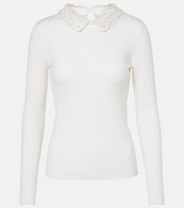  Carolina Herrera Carolina Herrera Embellished Ribbed-knit Wool Top 