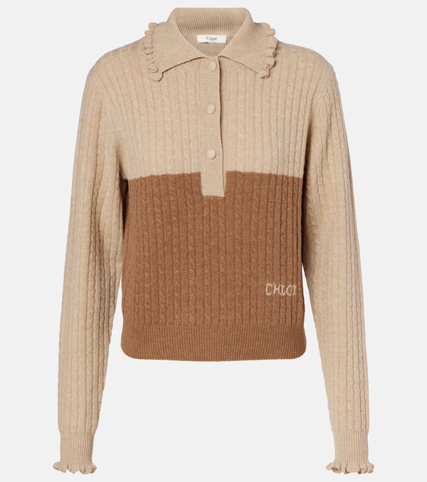  Chloe Chloe Cable-knit Ruffled Wool And Cashmere Polo Sweater 