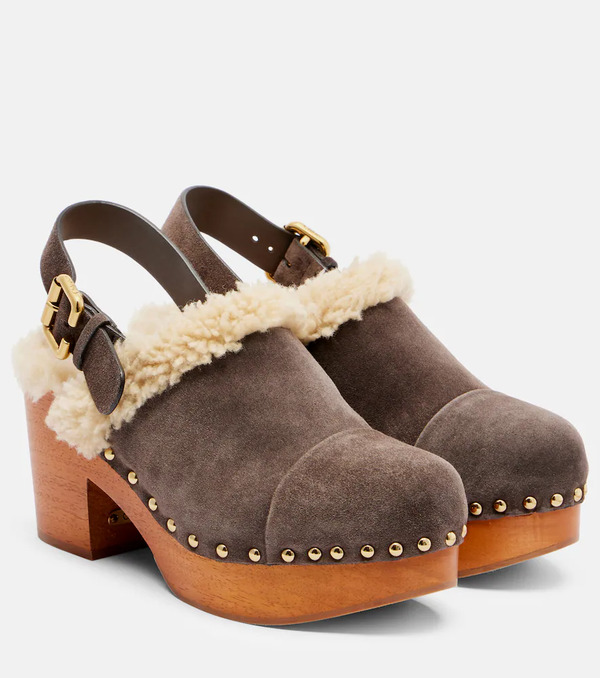  Chloe Chloe Jeannette Shearling-trimmed Suede Wedge Clogs 
