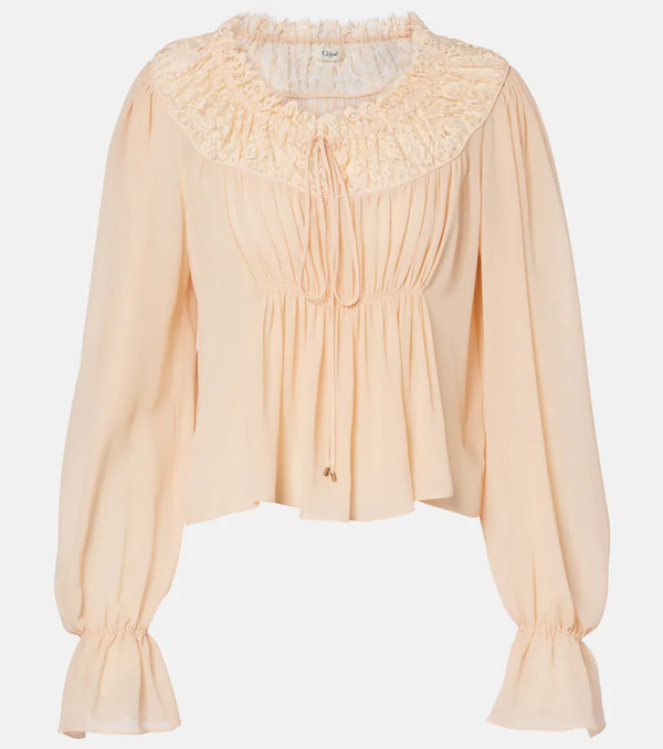  Chloe Chloe Shirred Cropped Lace-trimmed Silk Blouse 