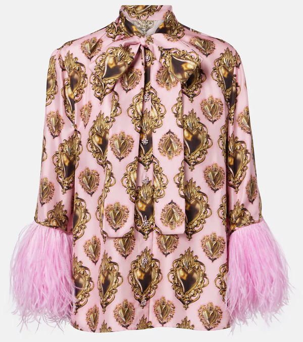  Dolce&gabbana Dolce&gabbana Feather-trimmed Printed Silk Blouse 