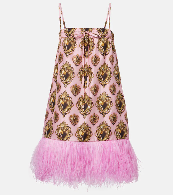  Dolce&gabbana Dolce&gabbana Feather-trimmed Printed Silk Minidress 