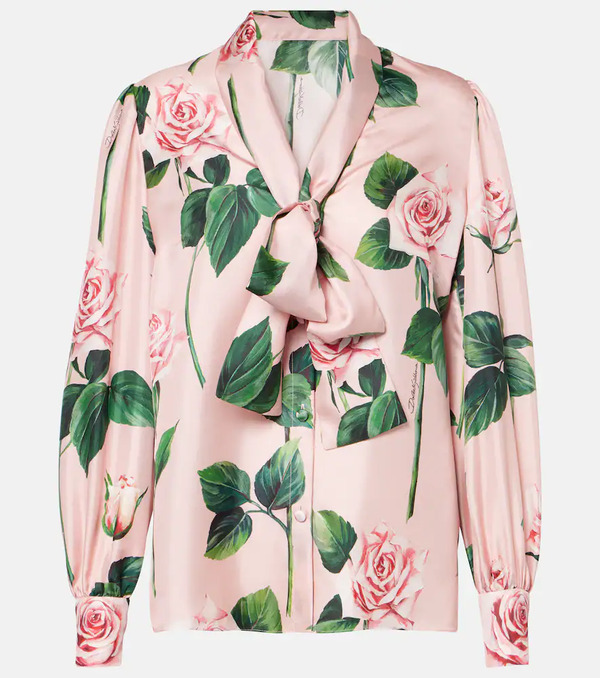  Dolce&gabbana Dolce&gabbana Floral Tie-neck Silk Satin Blouse 