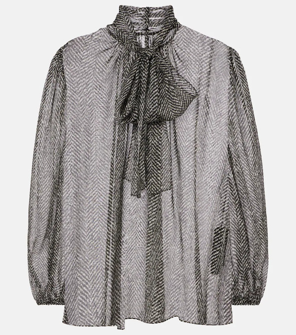  Dolce&gabbana Dolce&gabbana Tie-neck Herringbone Silk Chiffon Blouse 