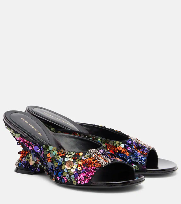  Dries Van Noten Dries Van Noten 75 Sequined Leather Wedge Mules 