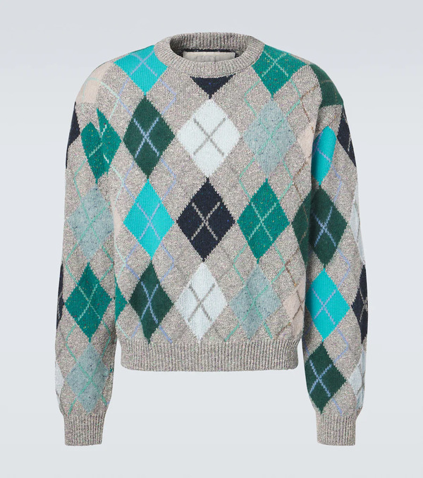  Erl Erl Argyle Wool And Cotton-blend Sweater 