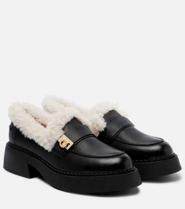  Ferragamo Ferragamo Caminia Shearling-trimmed Leather Loafers 