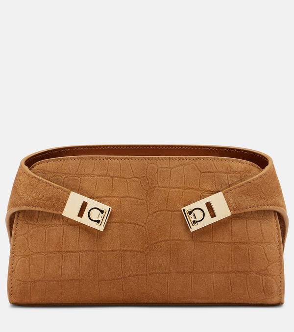  Ferragamo Ferragamo Hug Mini Croc-effect Suede Clutch 