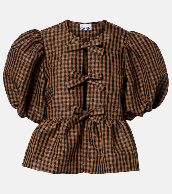  Ganni Ganni Bow-detail Checked Peplum Blouse 