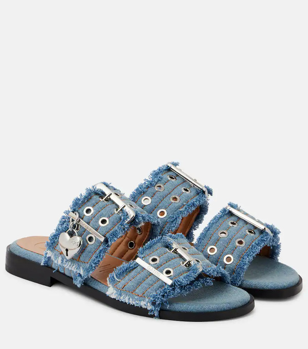  Ganni Ganni Fringed Denim Sandals 